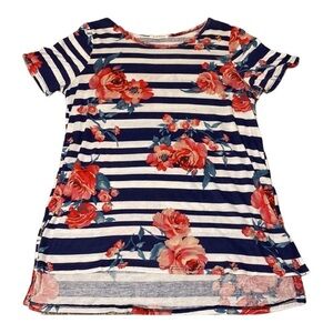 Viamor Navy Striped/Floral Shirt Sleeve High Low Top